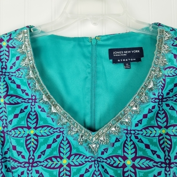 Jones New York Stretch Seleveless V Neck Beaded Midi Dress Size 10 Vibrant Print - Picture 9 of 10